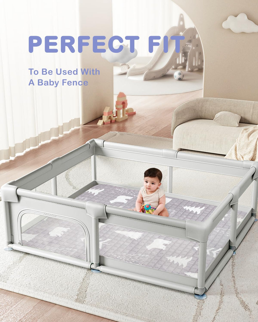 WONDAY playpen coverage shows 71x79 inches of safe play space.