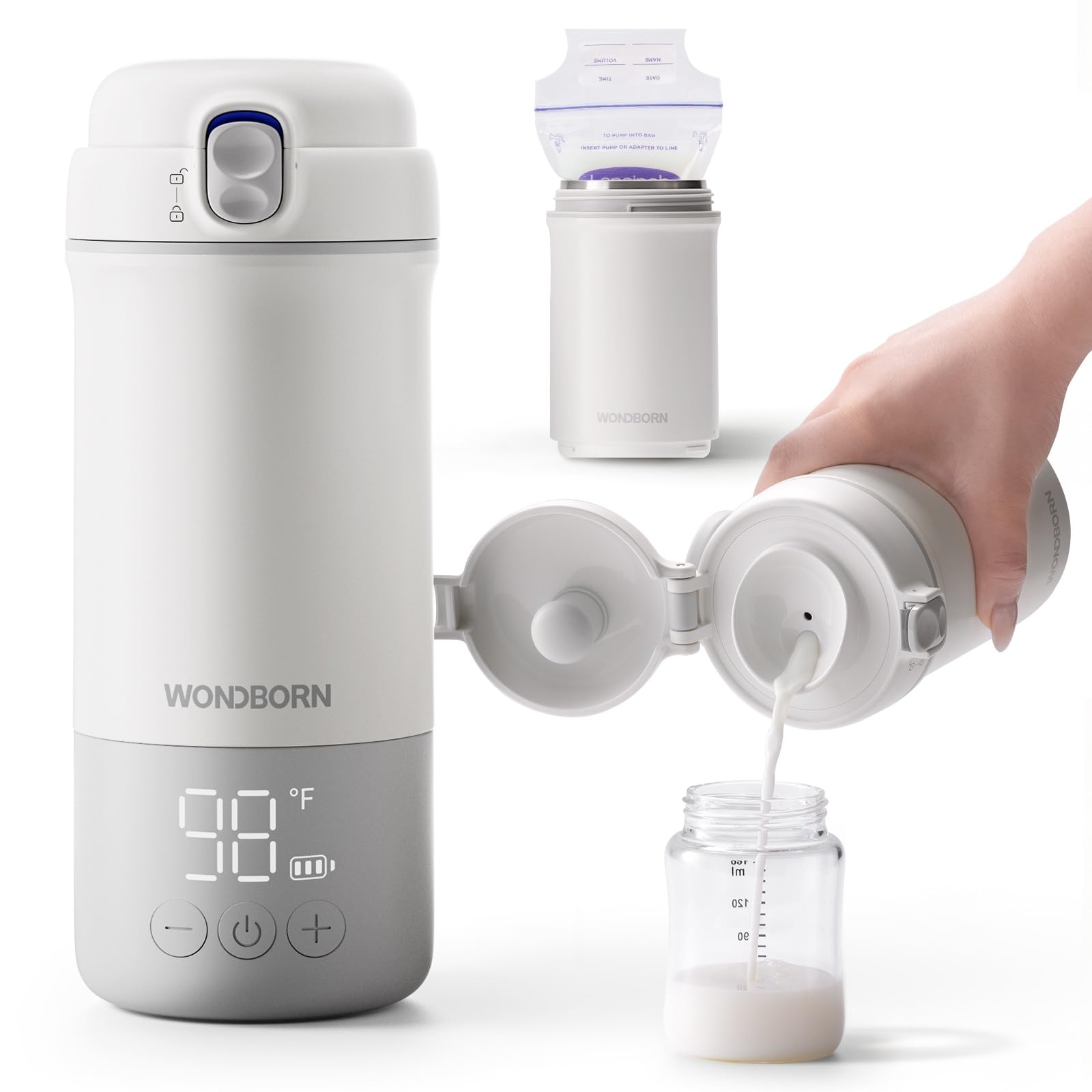 WONDBORN portable bottle warmer travel-compact for on-the-go feeds.