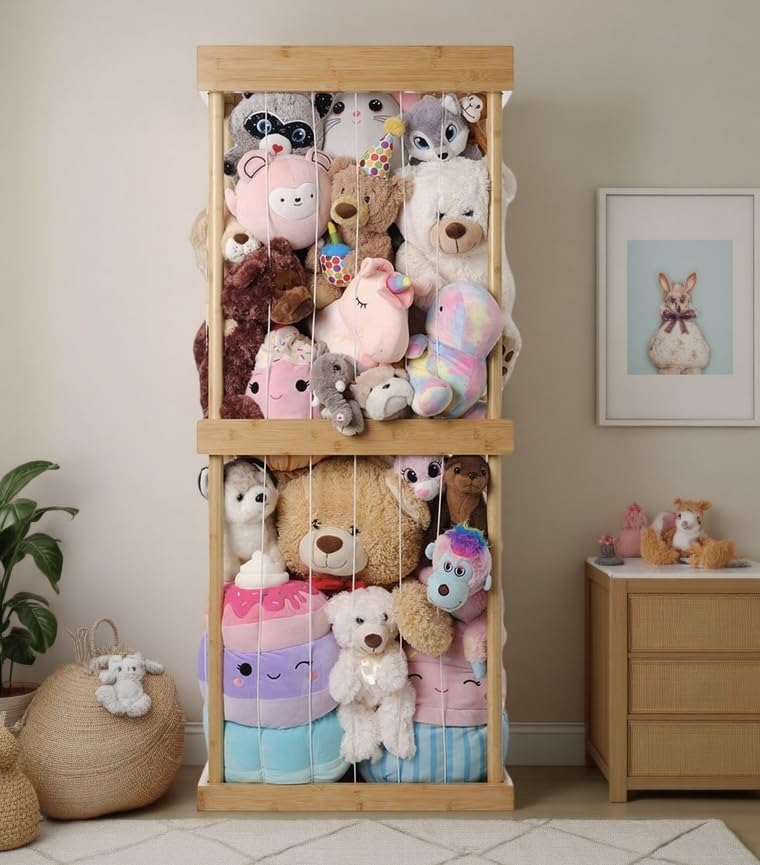 Wonder Cove bamboo stuffed animal zoo assembly shows easy setup for tidy plush toy storage.