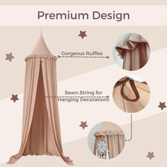 Wonder Space Nougat canopy draped with frills enhances pastel nursery decor