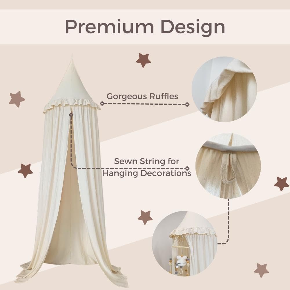 Canopy creates a cozy reading nook under the tent by a bed