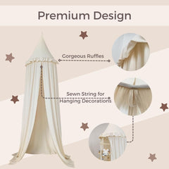 Canopy creates a cozy reading nook under the tent by a bed
