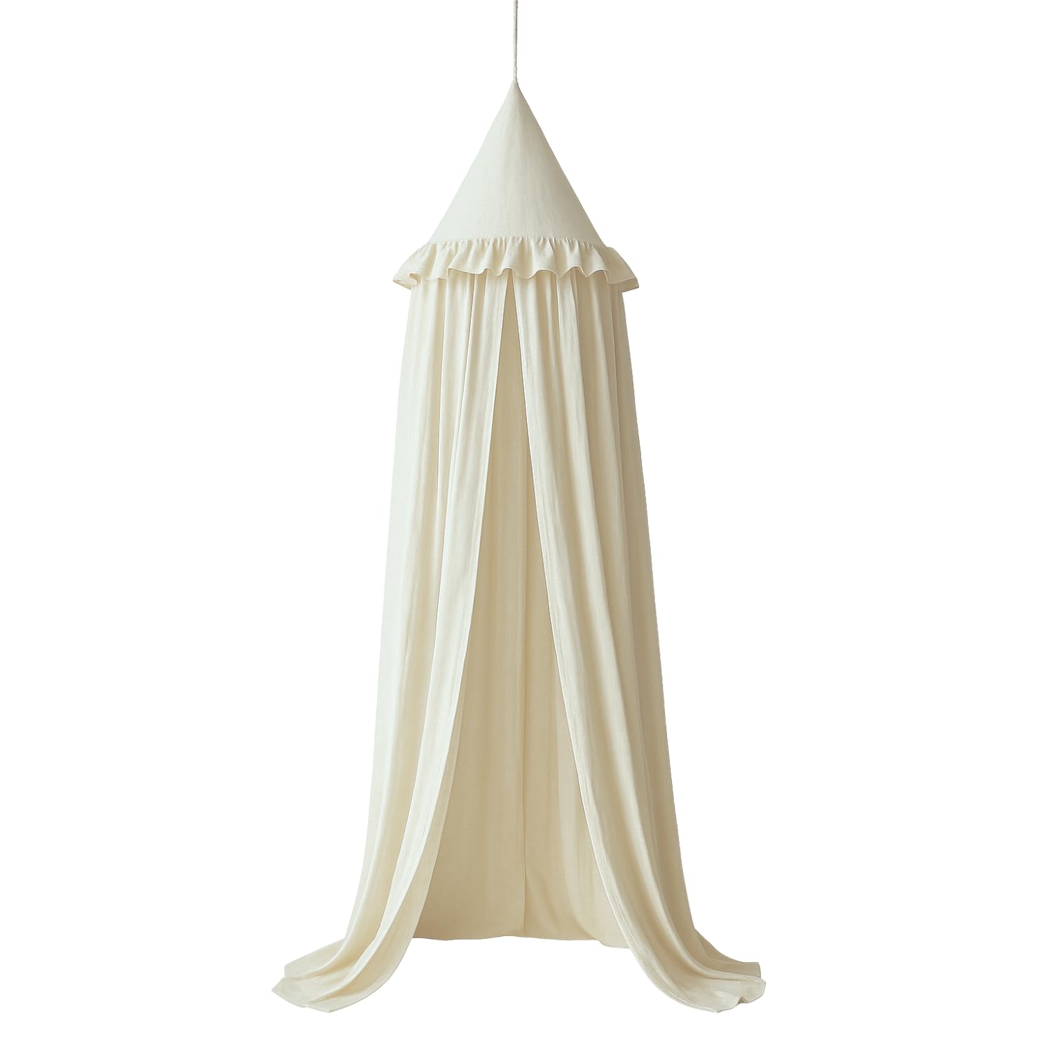Wonder Space ivory canopy with frills draped over crib for dreamy decor