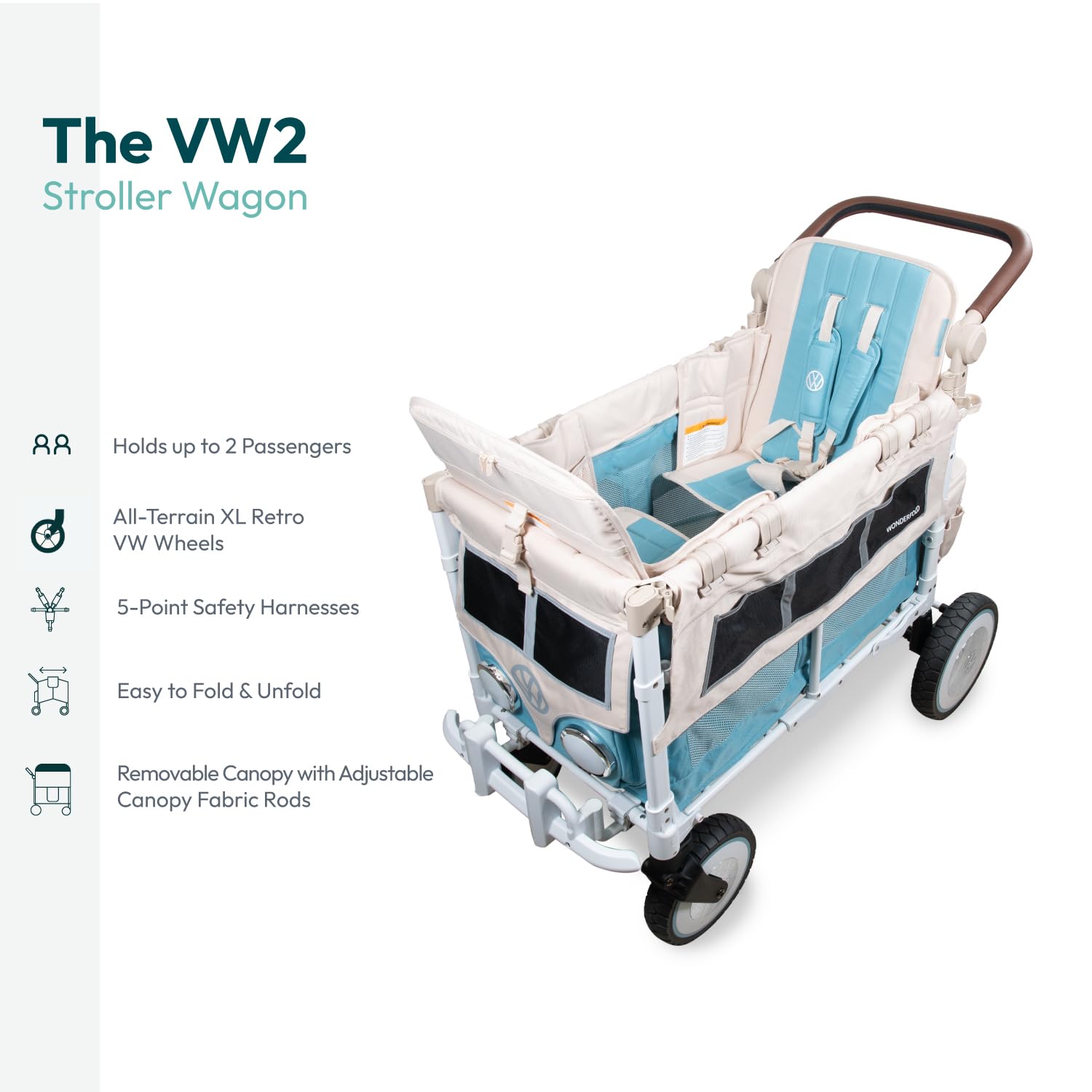 WonderFold Bondi Blue wagon headlights illuminate evenings walks with kids