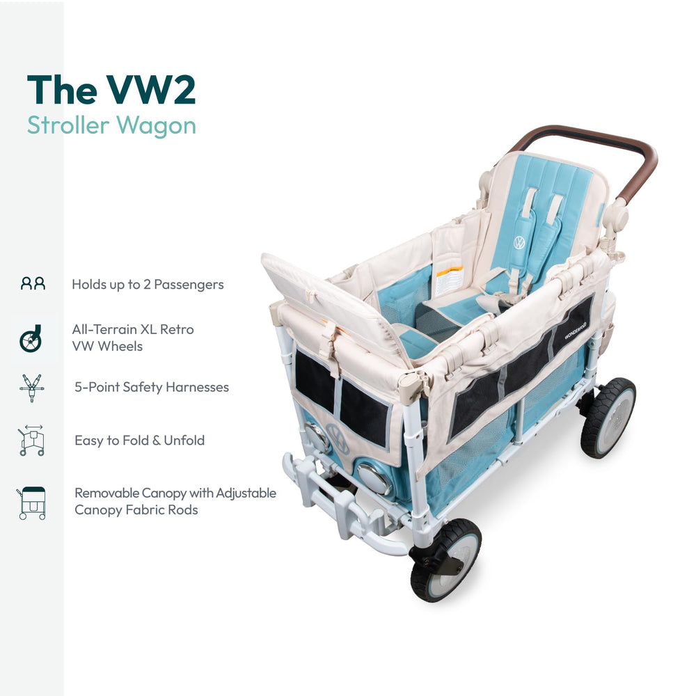 WonderFold Bondi Blue wagon headlights illuminate evenings walks with kids