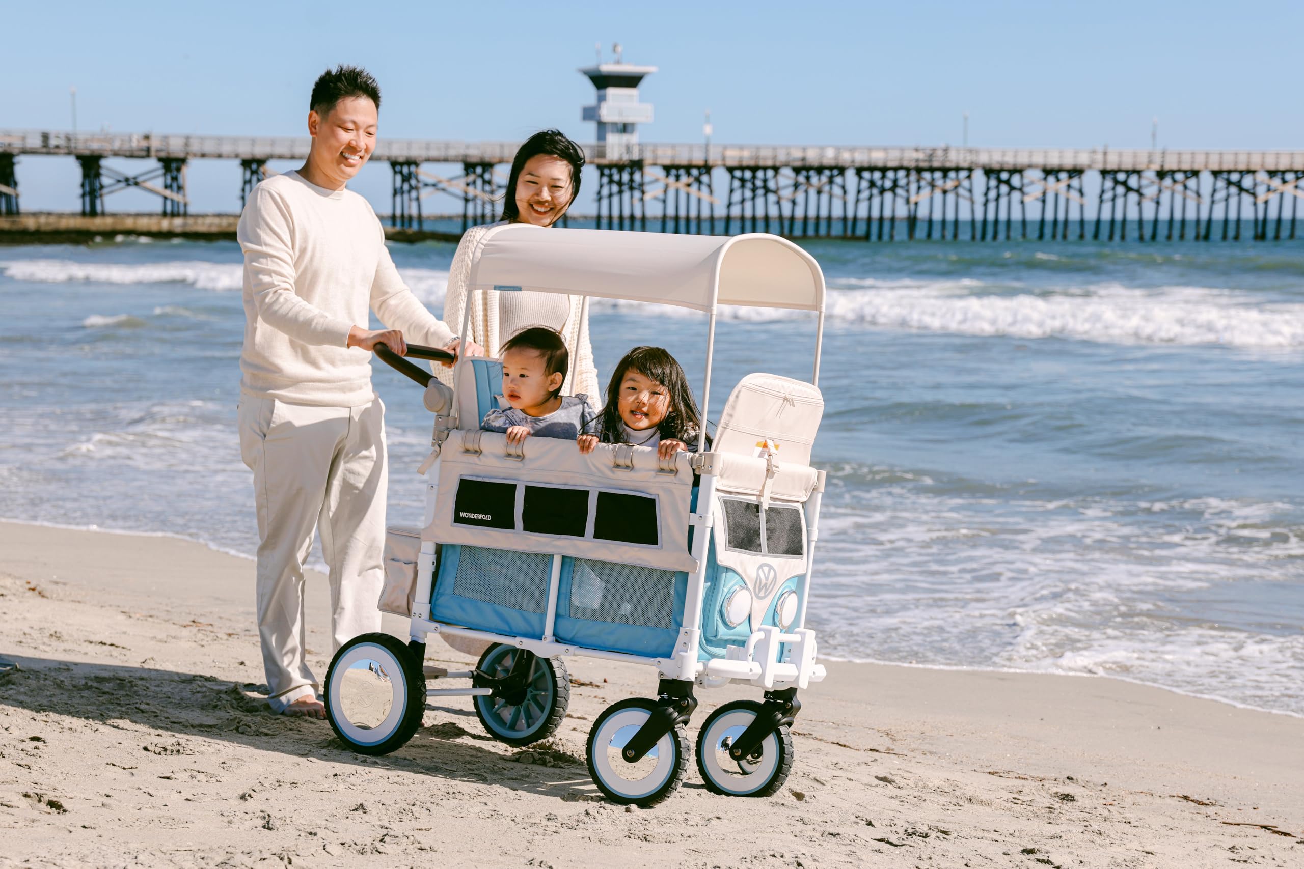 WonderFold Bondi Blue wagon rear view highlights storage and parent-friendly features