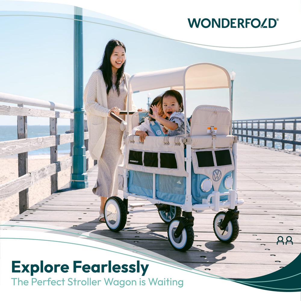 WonderFold Bondi Blue wagon side view emphasizes versatility on sidewalks and paths