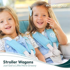 WonderFold Outdoor wagon headlights enhance visibility for twilight family outings.