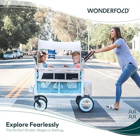 WonderFold Outdoor Volkswagen Stroller Wagon side view with four seat layout for family trips