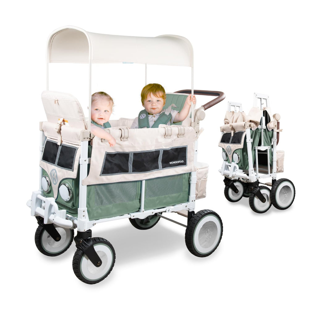 WonderFold Outdoor VW double wagon front view highlights sturdy frame for two kids on adventures.