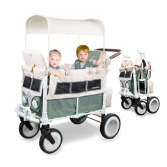WonderFold Outdoor VW double wagon front view highlights sturdy frame for two kids on adventures.