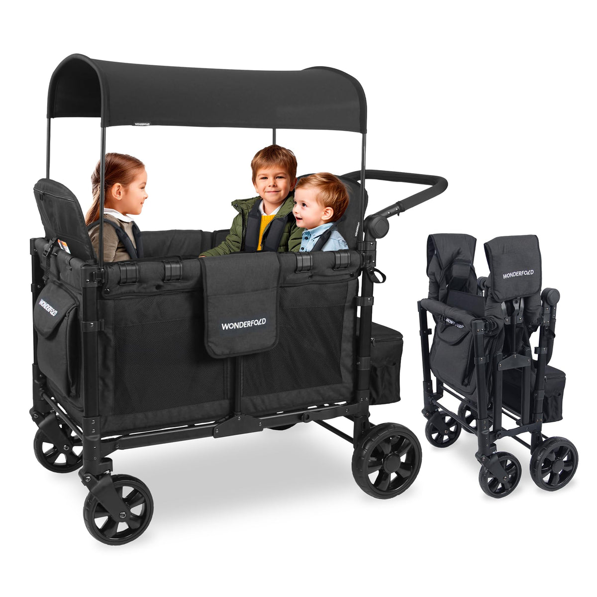 WonderFold W4 Elite wagon with four seats set up for a family outing.