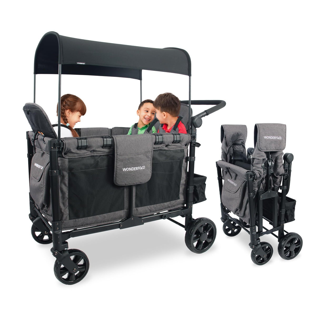 WonderFold W4 Elite wagon folded for compact storage after a day out.