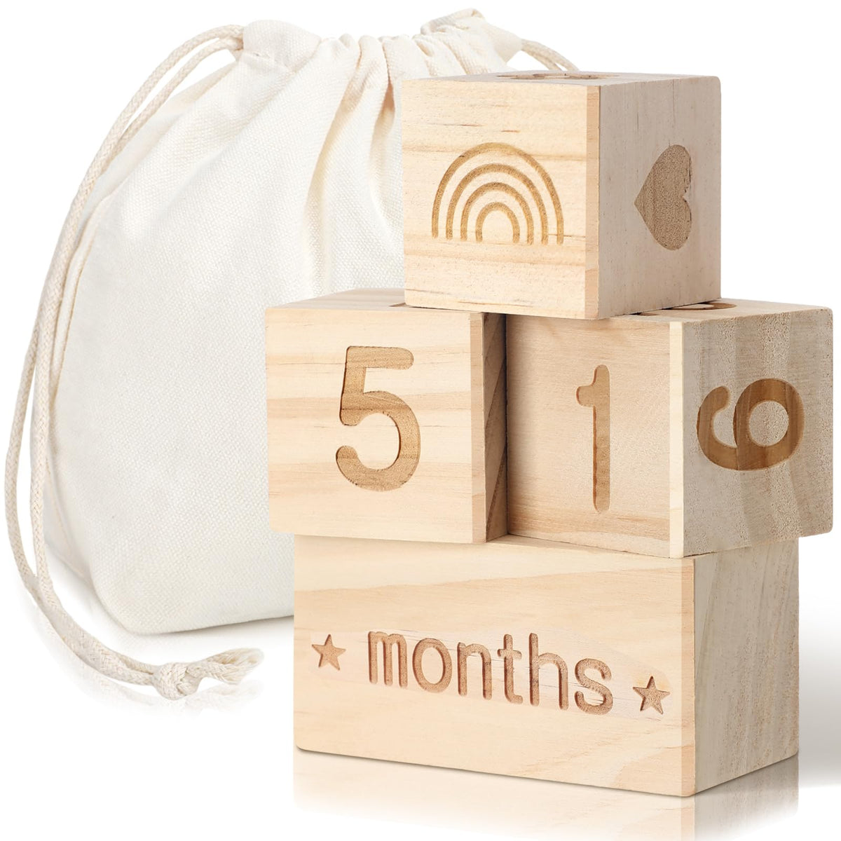 Wonderjune Boho Blocks cubes in natural wood for newborn photos and milestone displays.