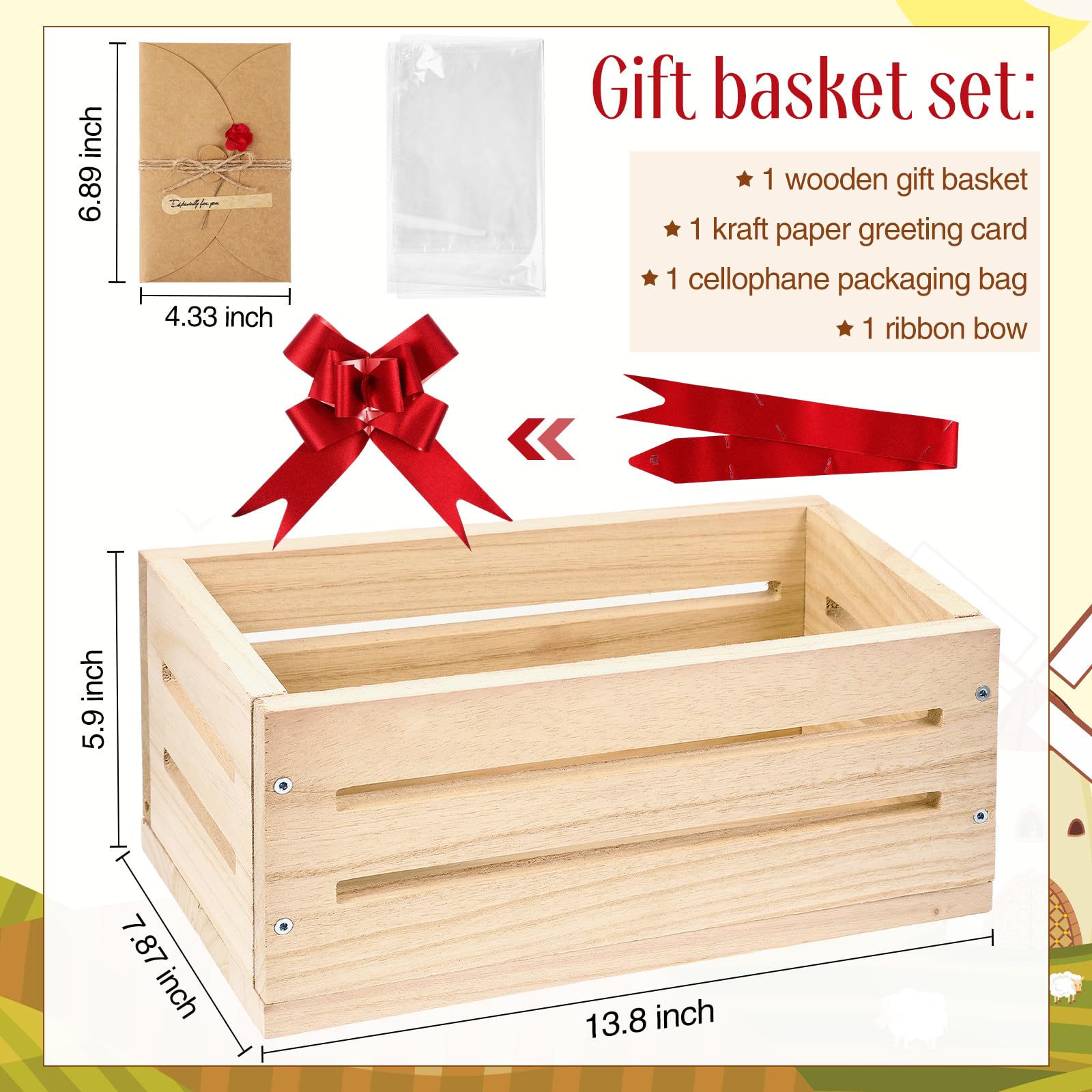 Wonderjune wooden basket with transparent gift bag for quick, elegant wrapping
