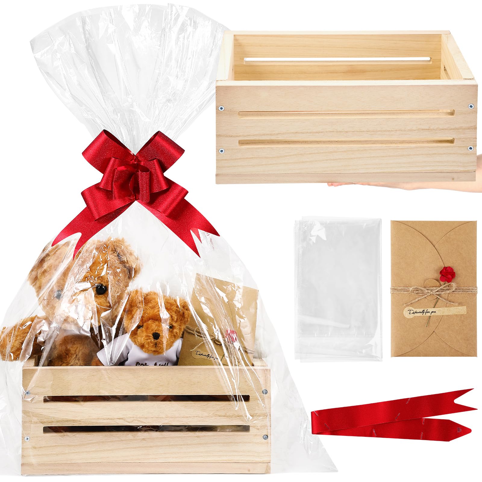 Wonderjune wooden basket with ribbon and greeting card for ready-to-gift presentation