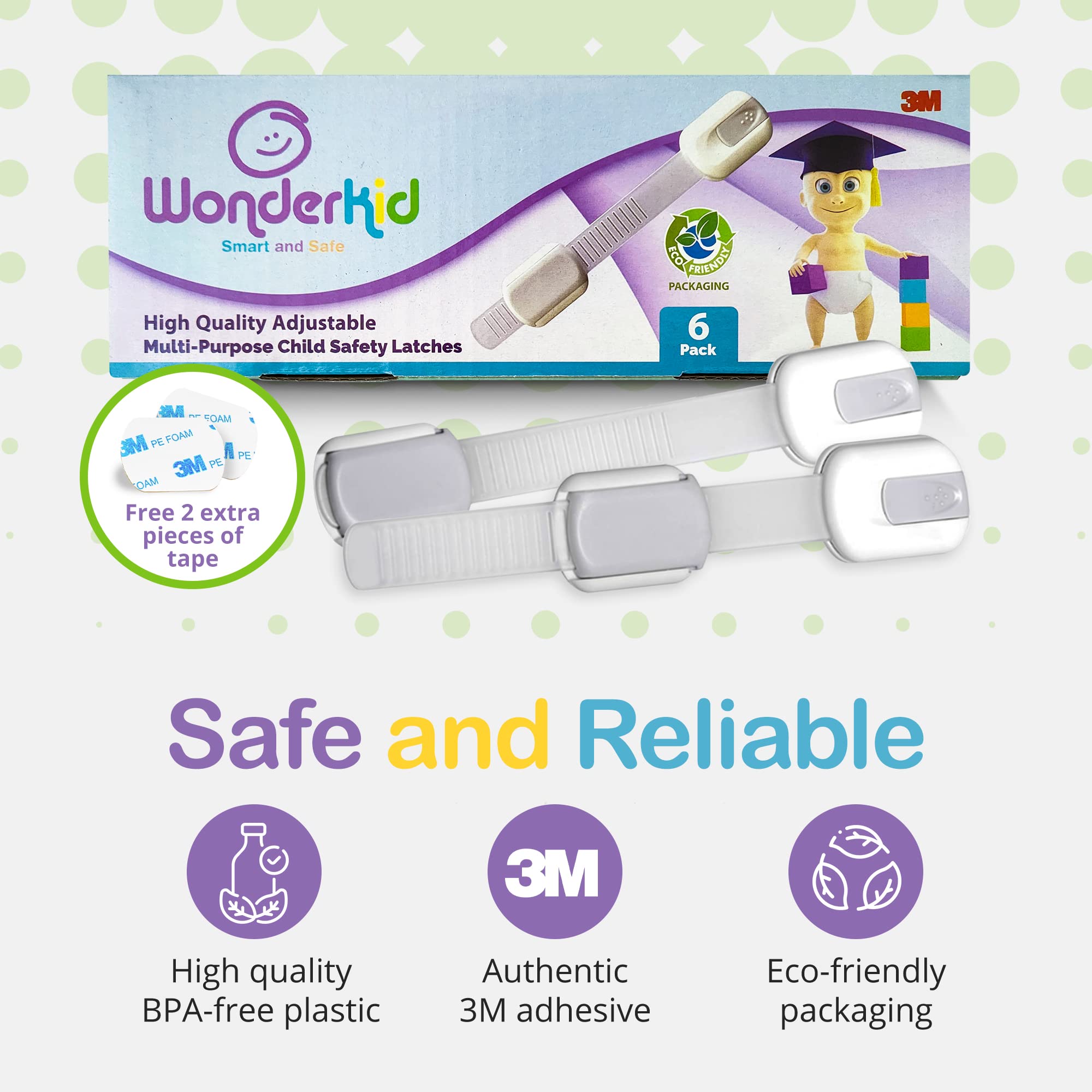 Wonderkid cabinet latch with adhesive pads provides secure, damage-free installation.