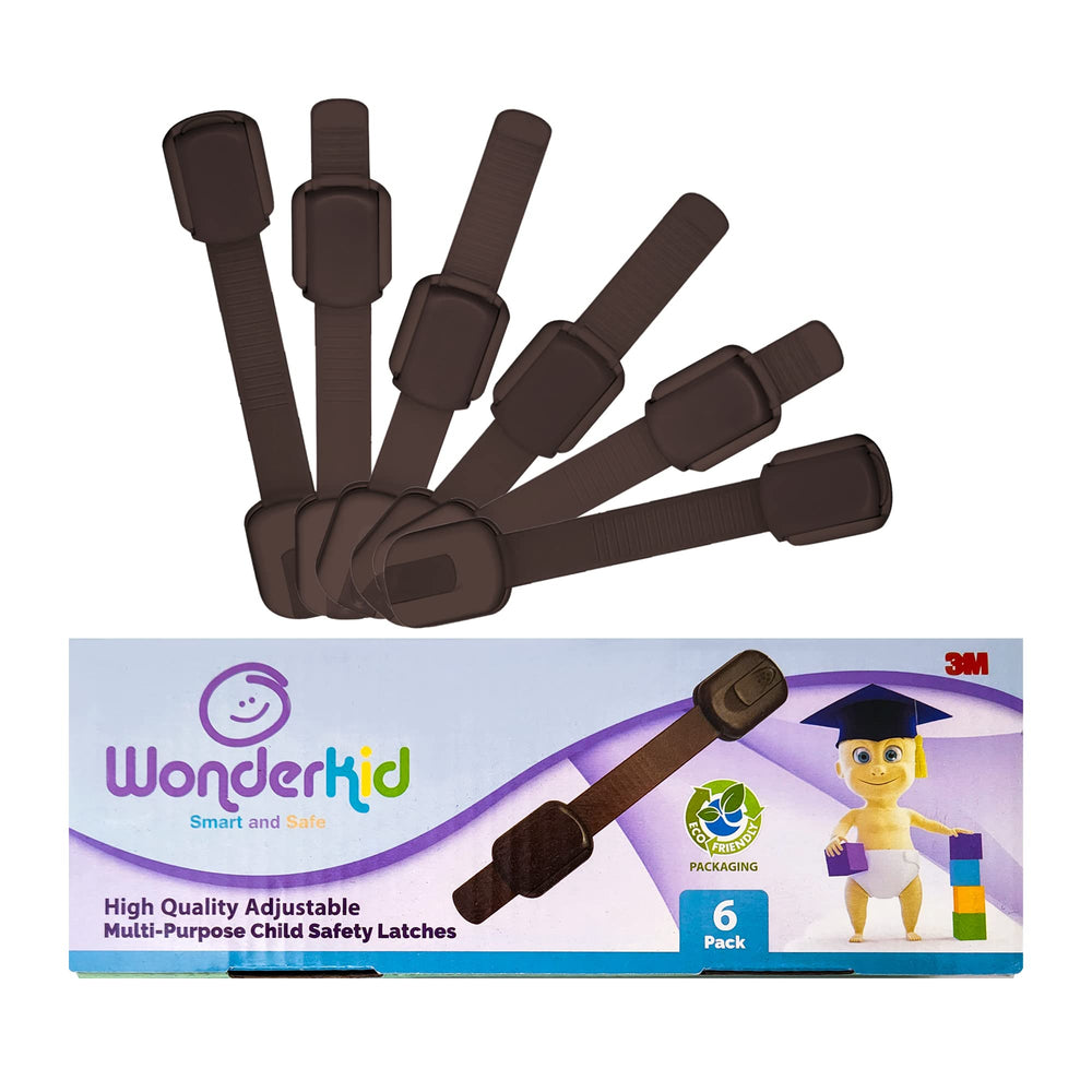 Wonderkid brown cabinet locks on a wooden cabinet, blends with furniture while protecting items.