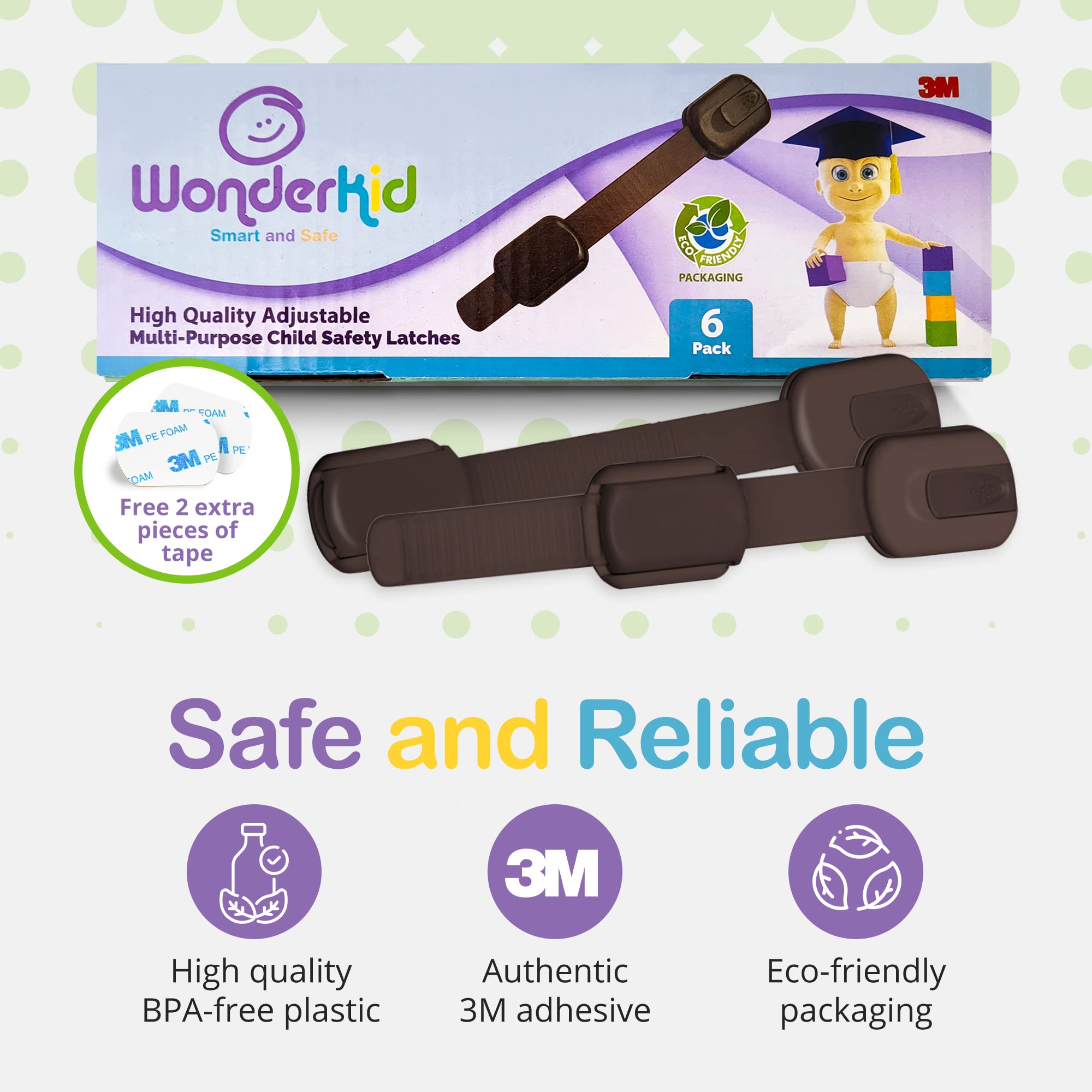 Wonderkid reusable safety latches closeup, easy removal and reuse for flexible layouts.