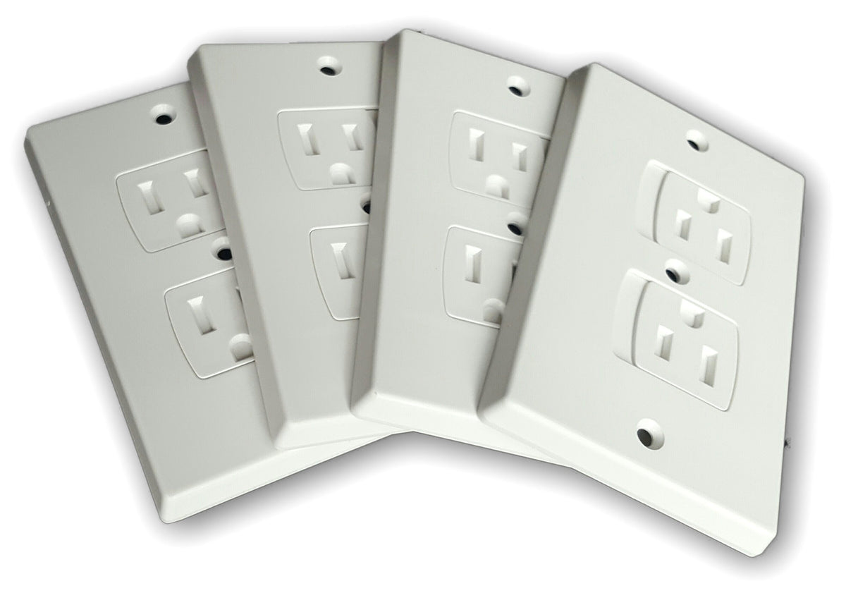 Wonderkid self-closing outlet cover white front view for safe plugging and unplugging