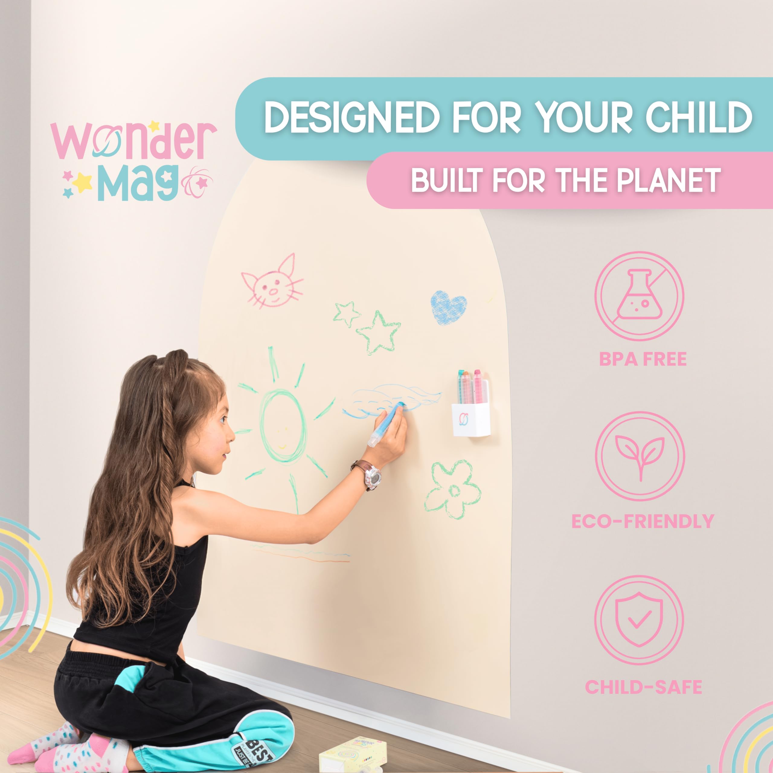 WonderMag mess-free chalkboard surface supports writing, drawing, and learning activities