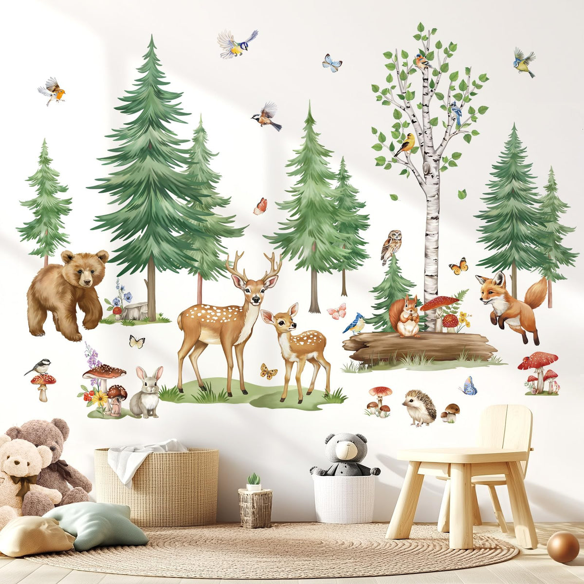 Wondever large pine tree wall stickers create a calming woodland backdrop for nursery and playroom.