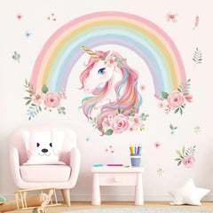 wondever large rainbow wall decals featuring unicorn and flowers for playful bedroom decor