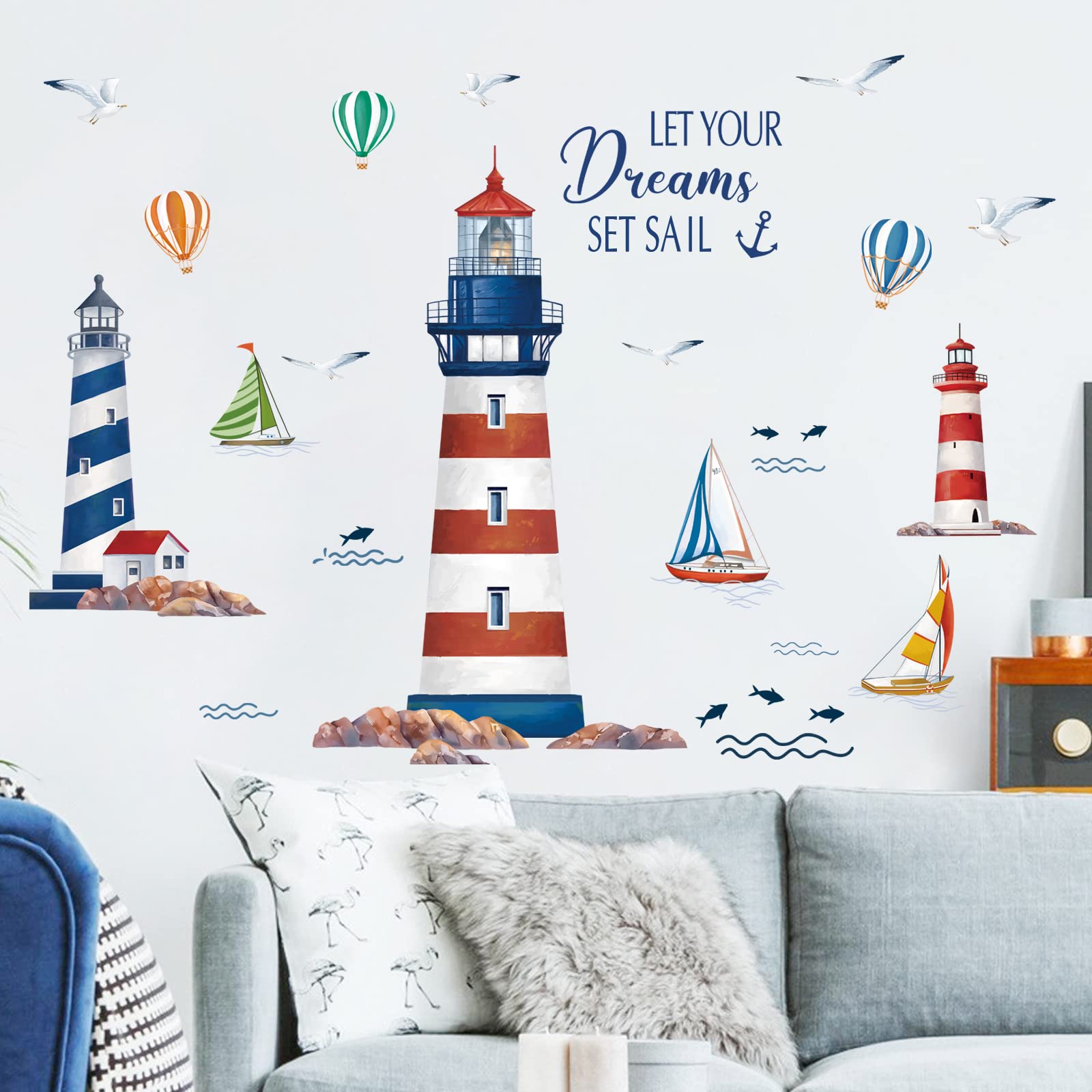 Wondever Nautical Lighthouse wall sticker brightens living rooms with a charming lighthouse focal point.
