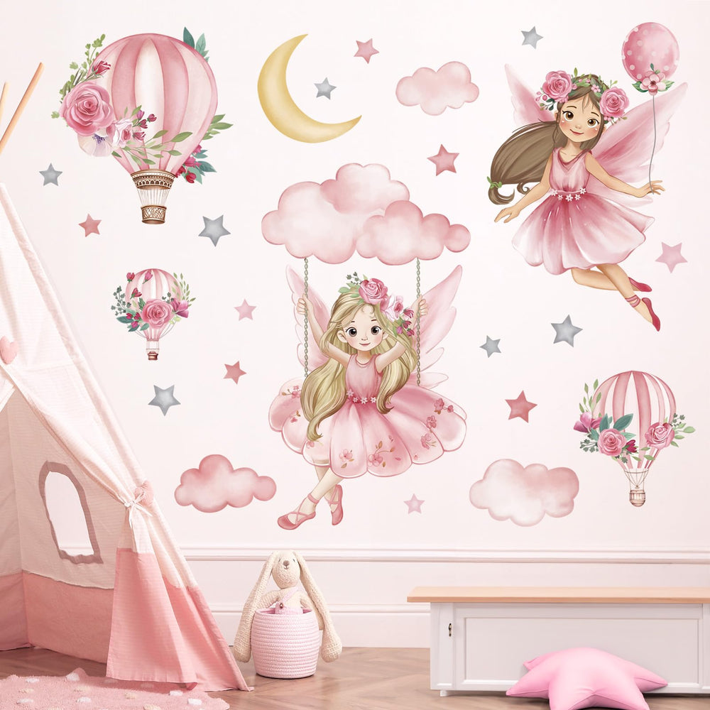 Wondever Pink Fairy on Swing wall sticker featuring flowers, brightening kid's rooms and storytelling spaces