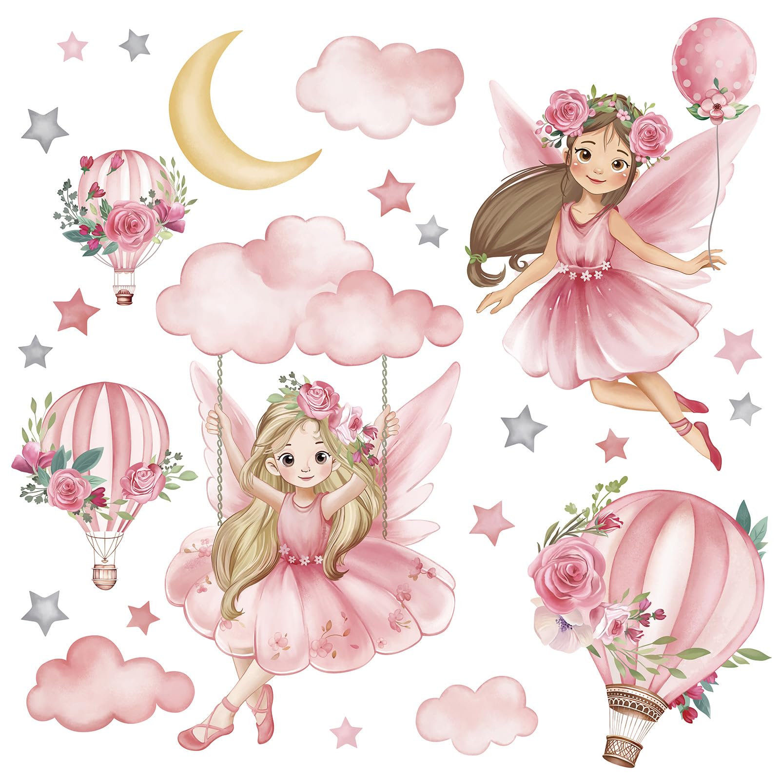 Wondever Pink Fairy on Swing wall sticker, safe PVC material supports simple application and residue-free removal