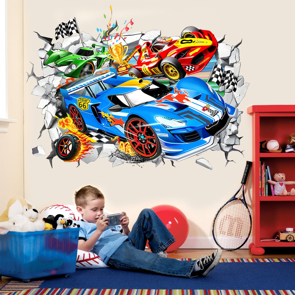Wondever racing car wall sticker 3D effect enhances playroom walls with dynamic energy.