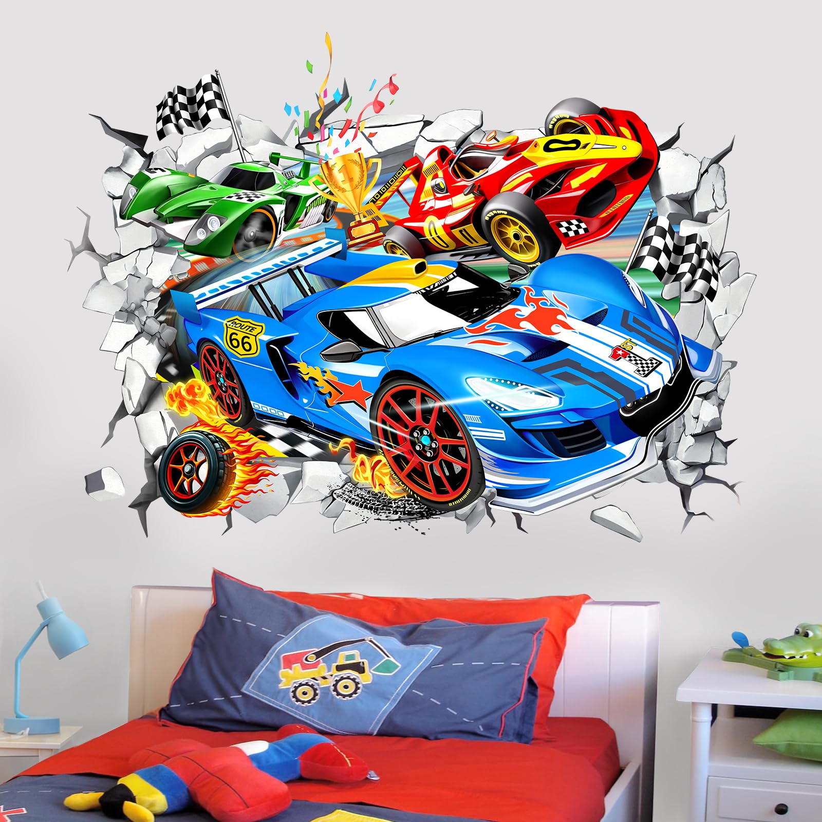 Wondever racing car wall sticker assembly adds bold 3D flair to kids' rooms.