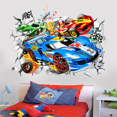 Wondever racing car wall sticker assembly adds bold 3D flair to kids' rooms.
