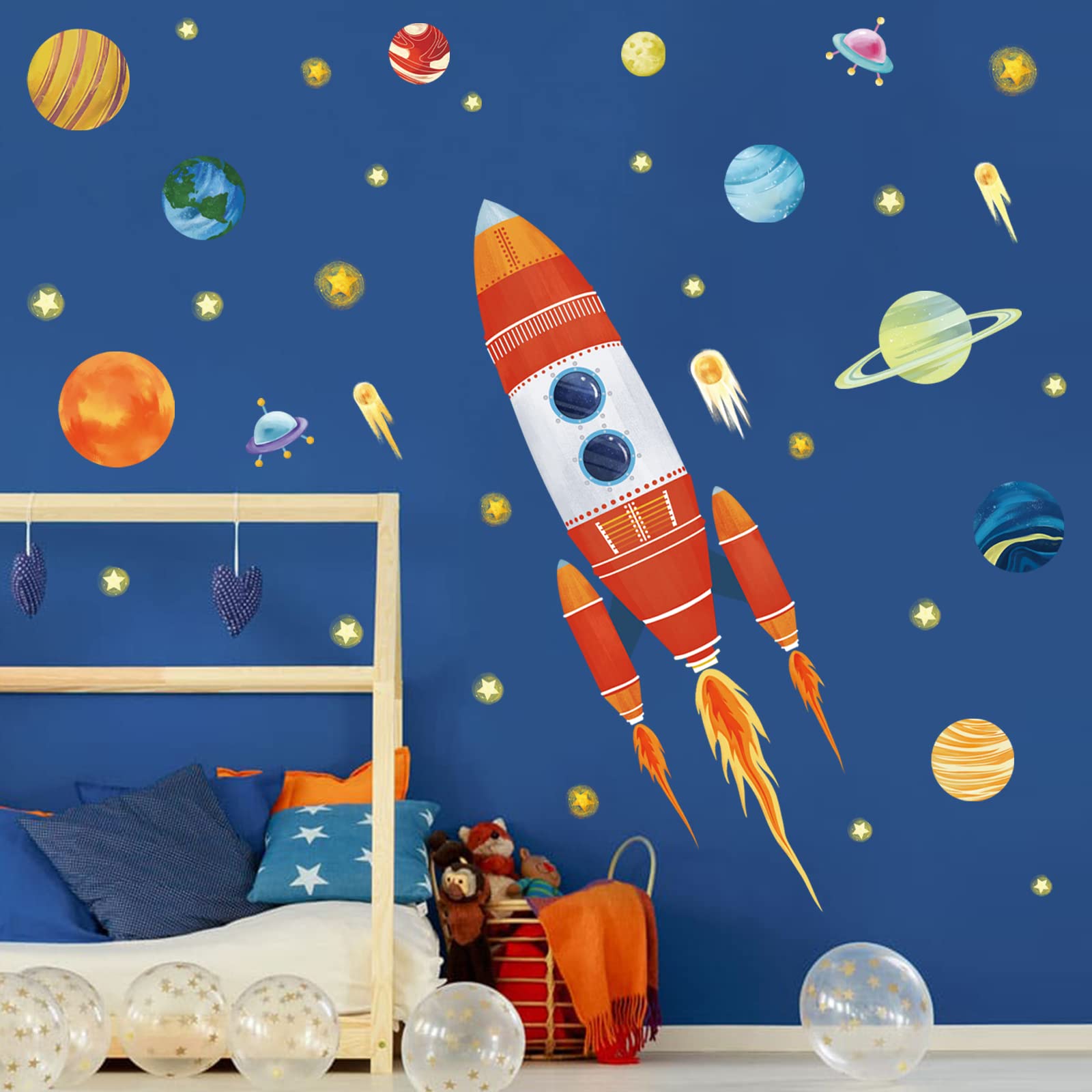 Wondever rocket wall stickers show outer space planets for a playful nursery ceiling scene.