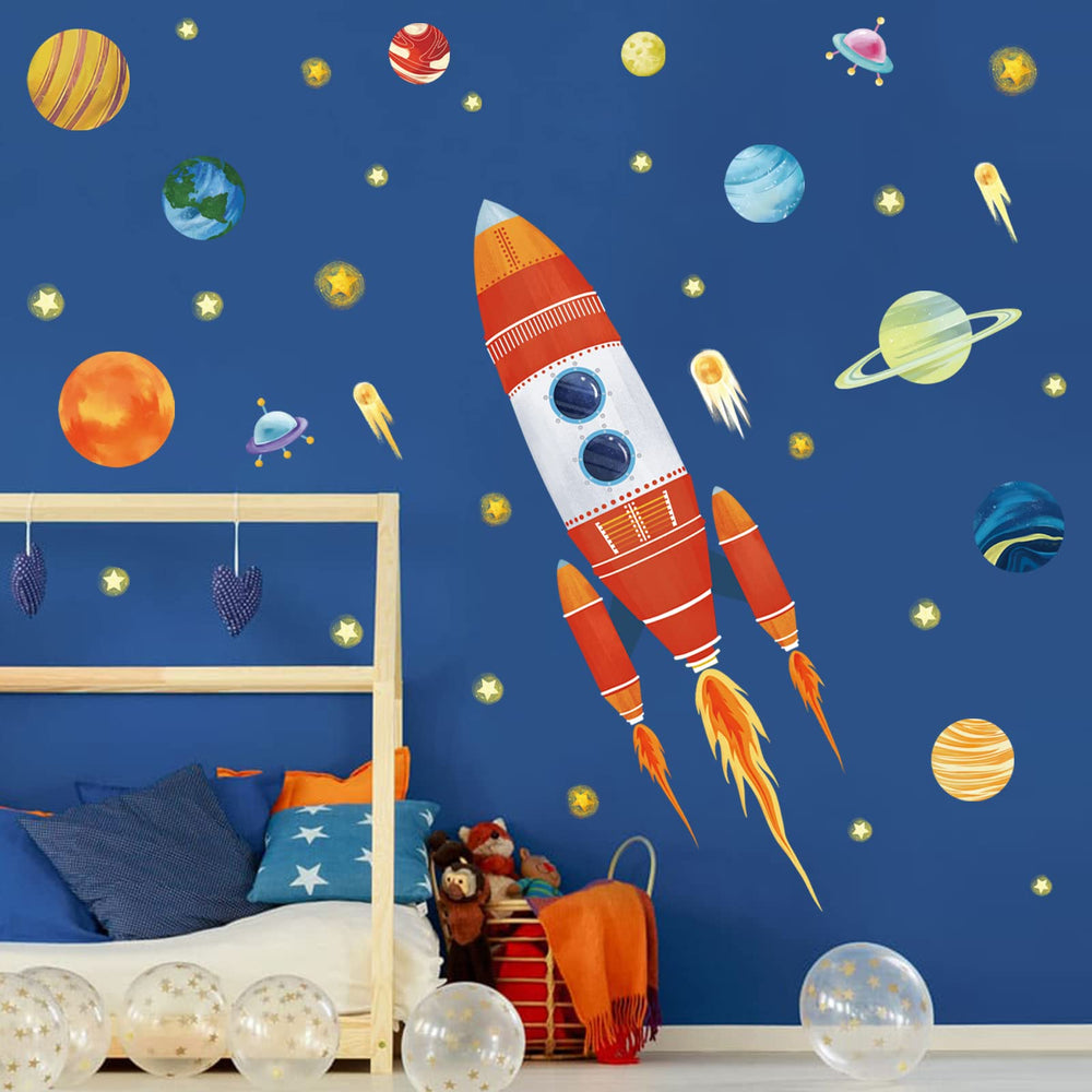 Wondever rocket wall stickers show outer space planets for a playful nursery ceiling scene.
