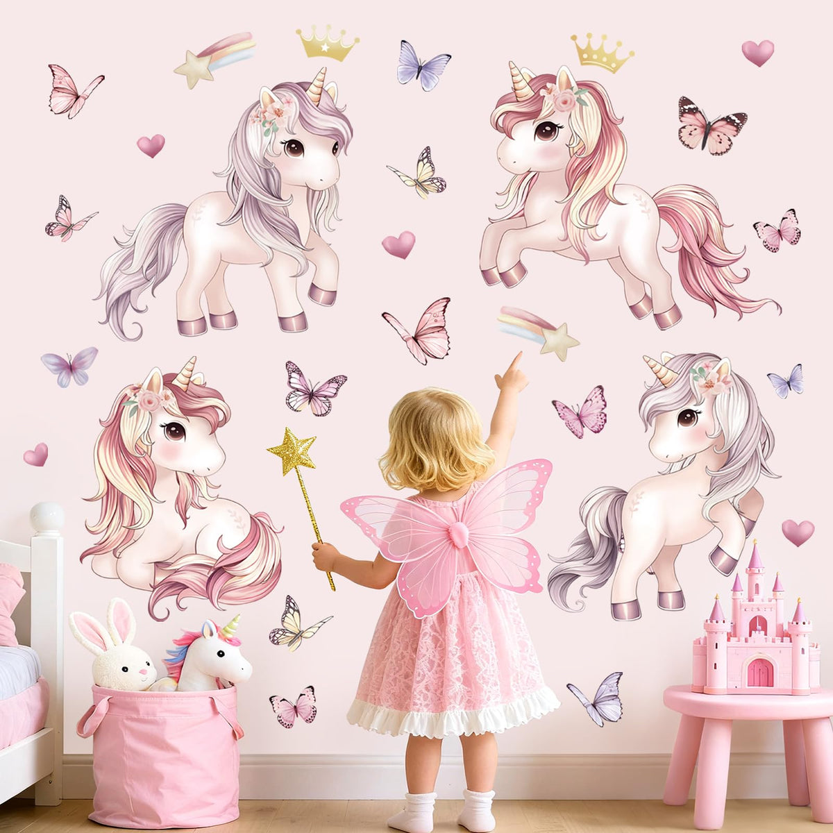 Wondever unicorn butterfly wall stickers pink set for easy, whimsical decoration.