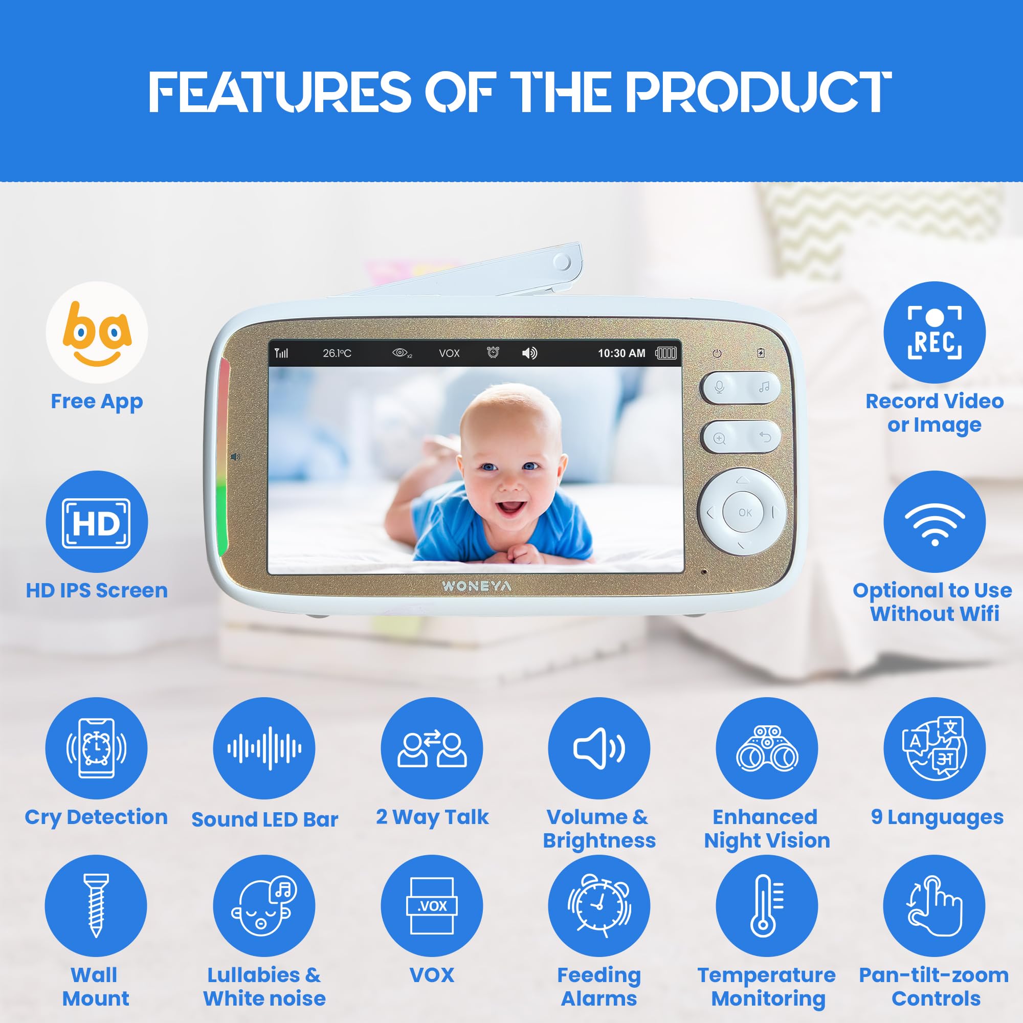 WONEYA Smart Baby Monitor long-range connection supports multi-room homes