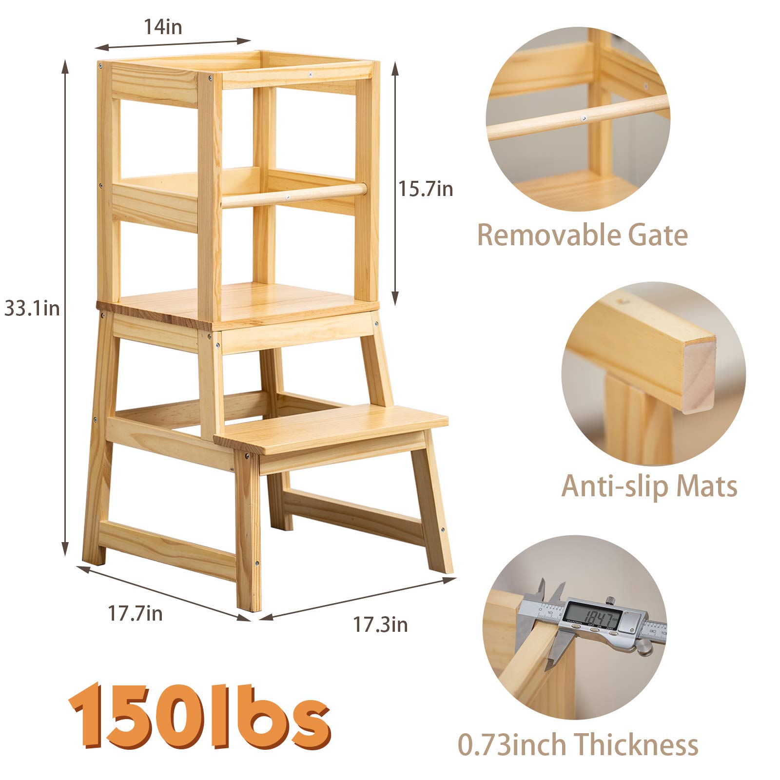 Wood City 33-inch height helps toddlers reach the kitchen counter
