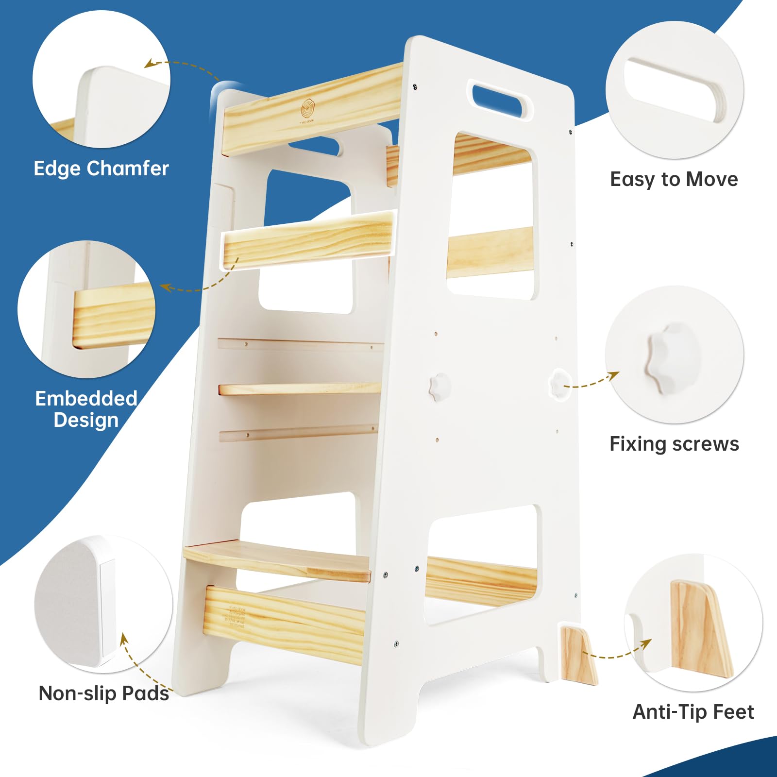 WOOD CITY Kitchen Step Stool anti-slip mat ensures floor protection and secure footing.