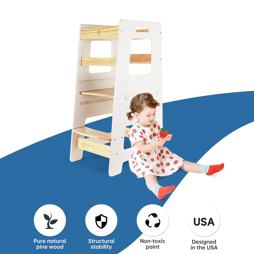 WOOD CITY Kitchen Step Stool height-adjustment highlights growing-with-child flexibility for counter tasks.