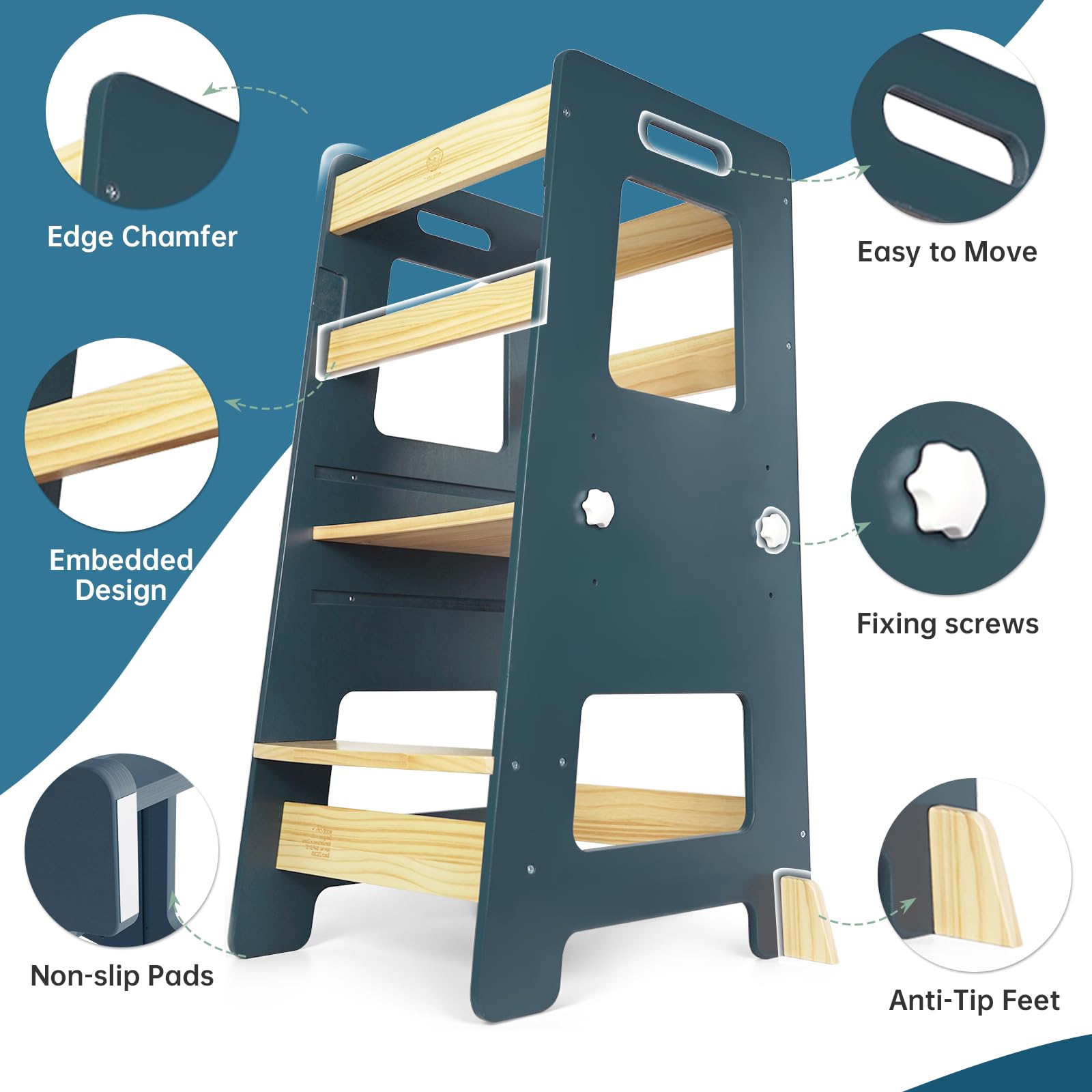 WOOD CITY Kitchen Step Stool height adjustment accommodates growing kids at multiple heights.