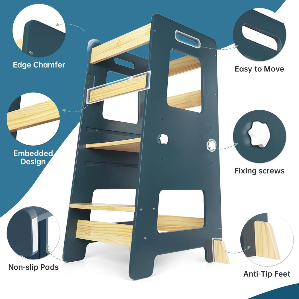 WOOD CITY Kitchen Step Stool height adjustment accommodates growing kids at multiple heights.