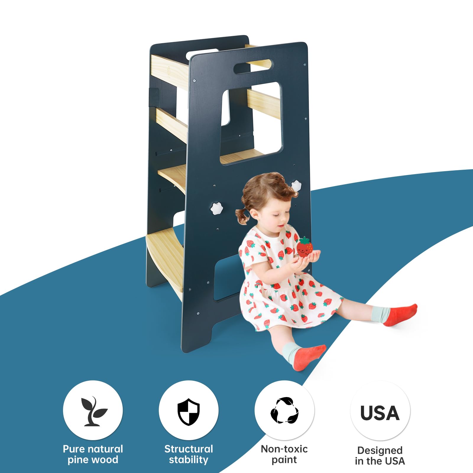 WOOD CITY Kitchen Step Stool rounded edges protect little hands during use.