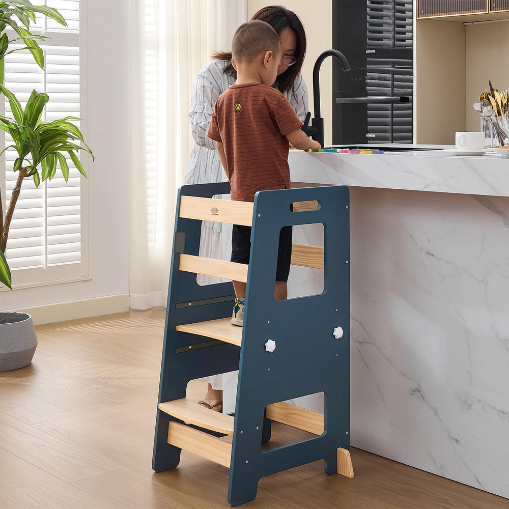 WOOD CITY Kitchen Step Stool safety rail ensures secure child access to counters.