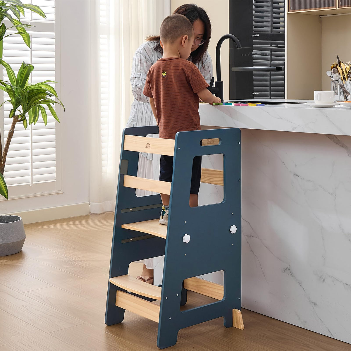 WOOD CITY Kitchen Step Stool safety rail ensures secure child access to counters.