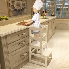 WOOD CITY kitchen step stool white front view highlights sturdy pine for toddler counter access