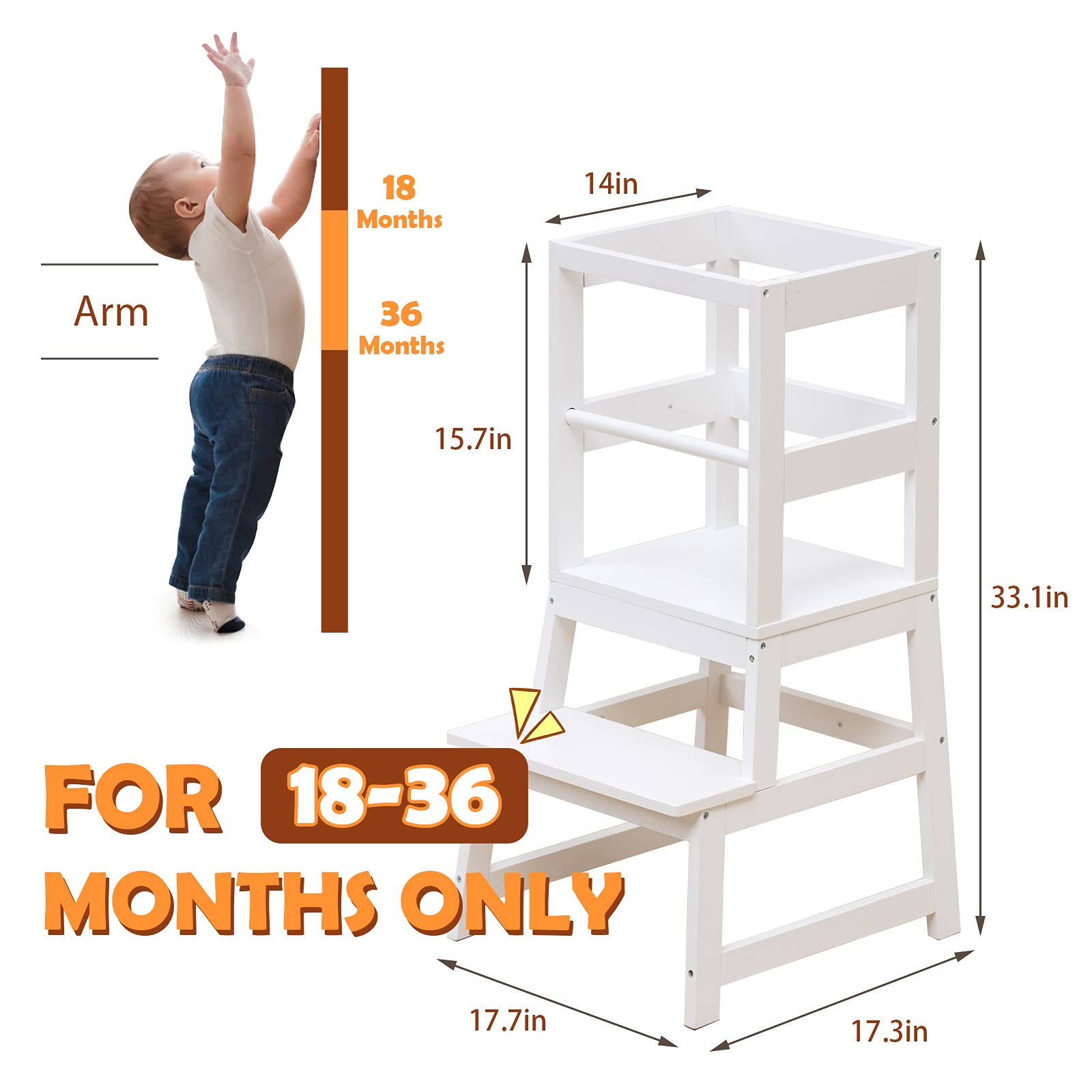 WOOD CITY kitchen step stool white railings close-up shows safe four-sided rails