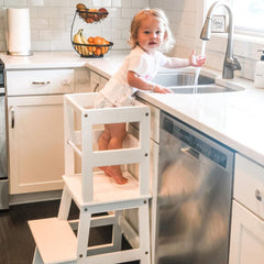 WOOD CITY kitchen step stool white side view emphasizes non-slip mat and secure railings