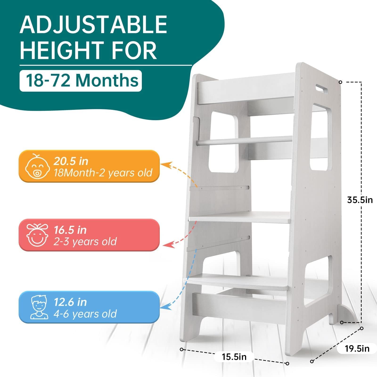 WOOD CITY Kitchen Stool adjustable-height shows 12.6, 16.5, and 20.5 inches for growth.