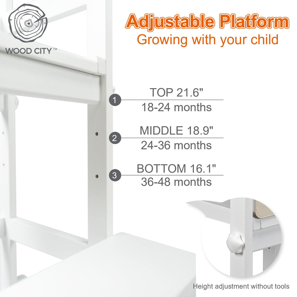WOOD CITY adjustable stool helps toddlers grow taller as they learn to reach sinks.